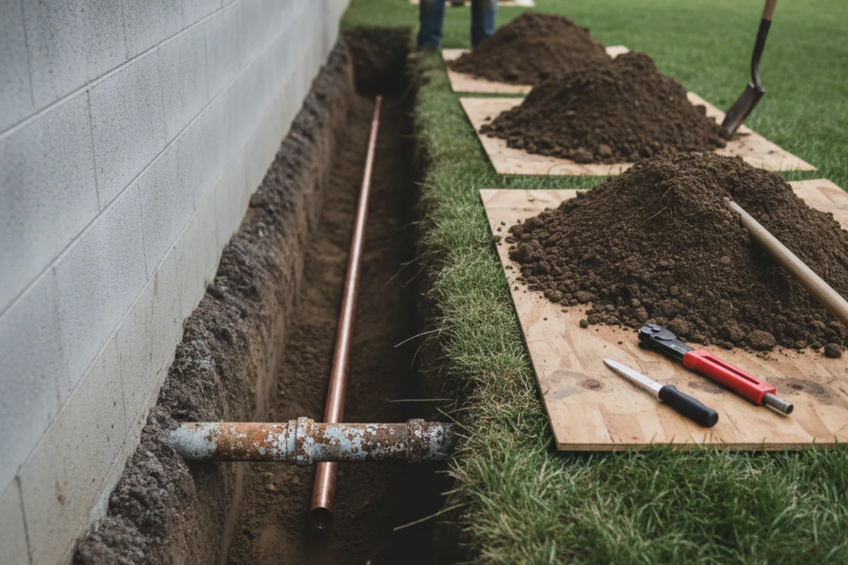 Excavated water line trench during Sewer Line Repair in Pescadero
